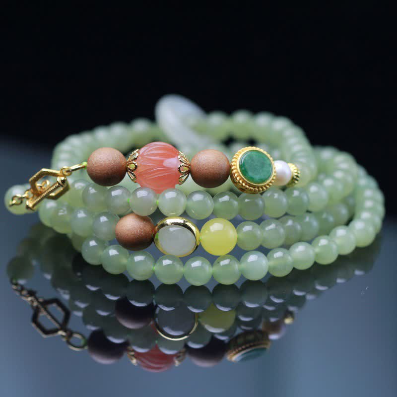 Buddha Stones Natural Hetian Jade Amber Lotus Red Agate Luck Abundance Bracelet Bracelet BS 2