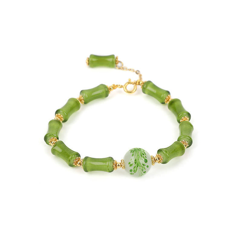 Buddha Stones Green Bamboo Pattern Liuli Crystal Moss Agate Wealth Chain Bracelet Bracelet BS 6
