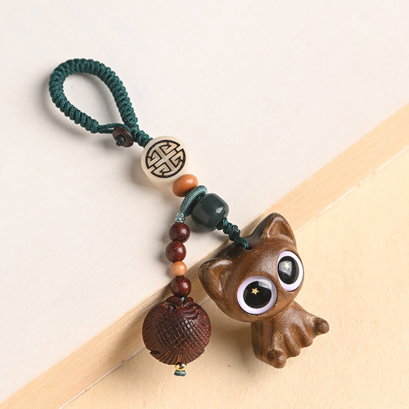 Buddha Stones Green Sandalwood Lucky Cat Koi Fish Cure Key Chain Phone Hanging Decoration Key Chain BS Green Sandalwood Cat Koi Fish Key Chain