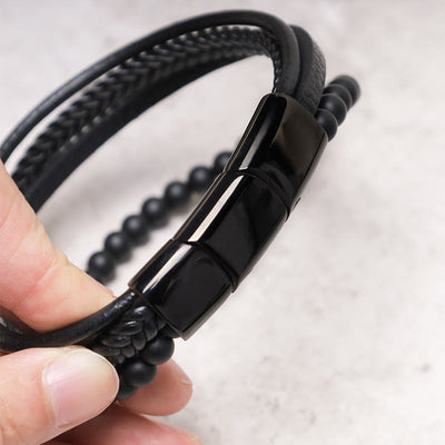 Buddha Stones Natural Lava Rock Black Onyx Bead Leather Bracelet Bracelet BS 5