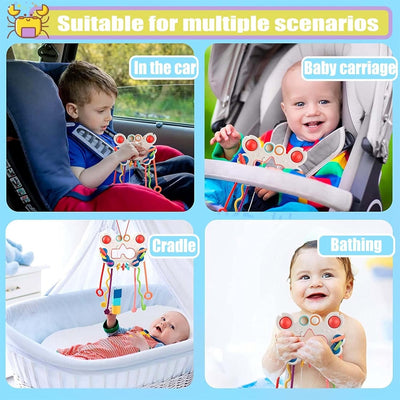 Fidtoy 5-in-1 Pull String Motor Skills and Sensory Activity Toy for Babies, Crab-Shaped Silicone Pull Toy with Press Buttons, Textures, Fine Motor and Travel Play Age 0–2