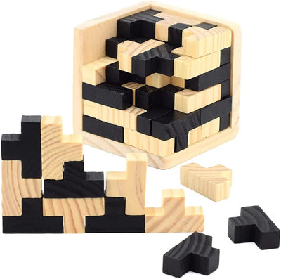 Fidtoy Wooden IQ Brain Teaser Puzzle Cube 54 Pieces 3D T Shape L Shape Logic Puzzle with Tin Box for Kids Ages 6+