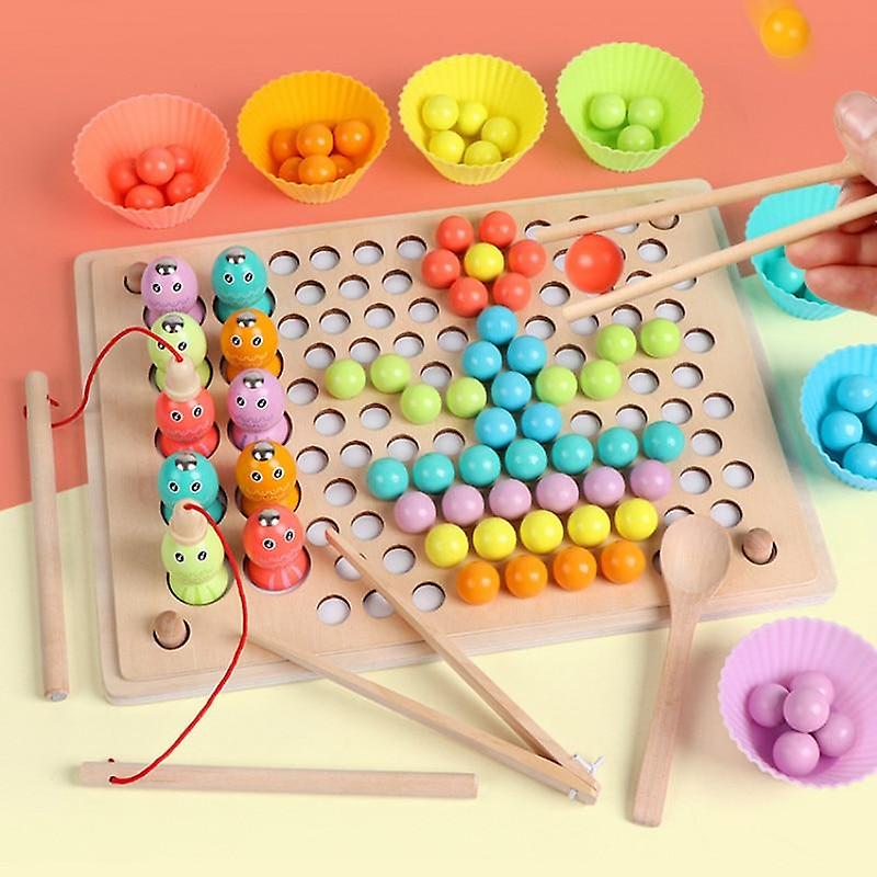 Fidtoy 3 in 1 Wooden Magnetic Fishing with Colorful Bead Holder Set, Wooden Color Sorting Bead Toy with Pattern Cards, Fine Motor Preschool Learning Toy Ages 3+