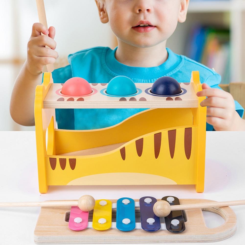 Fidtoy Wooden Tiger Pound Hammering Table with Xylophone, Wooden Hammering Table and Slide-Out Xylophone Music Toy for Fine Motor Skills, Hand-Eye Coordination and Rhythm Play