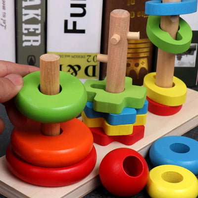 Fidtoy Rainbow Three Column Shapes Tower Wooden Stacking Toy for Kids Shape Sorting Fine Motor Learning Ages 2-6