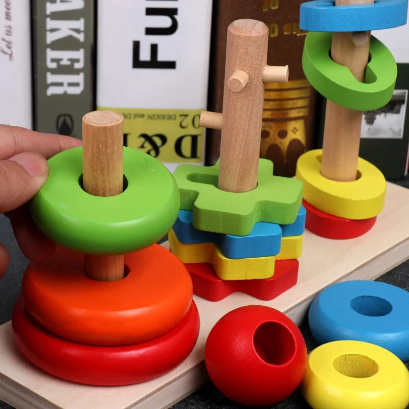 Fidtoy Rainbow Three Column Shapes Tower Wooden Stacking Toy for Kids Shape Sorting Fine Motor Learning Ages 2-6