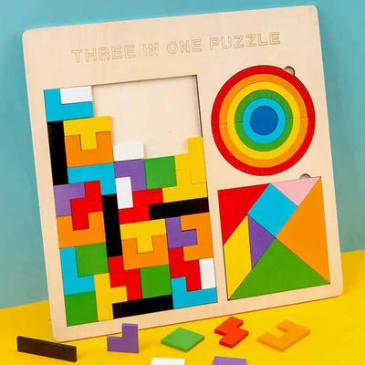 Fidtoy Jeu de puzzle en bois Tangram casse-tête, puzzle en bois 3 en 1 Tangram, Tetris et Pont Arc-en-ciel, jouet de tri des formes pour le développement de la conscience spatiale, à partir de 3 ans