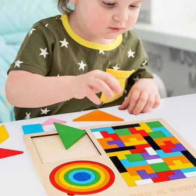 Fidtoy Jeu de puzzle en bois Tangram casse-tête, puzzle en bois 3 en 1 Tangram, Tetris et Pont Arc-en-ciel, jouet de tri des formes pour le développement de la conscience spatiale, à partir de 3 ans