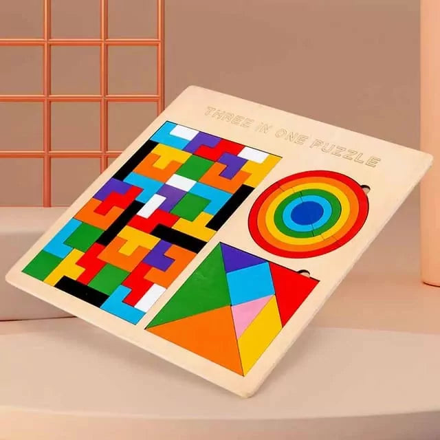 Fidtoy Wooden Tangram Brain Teaser Puzzle Game, 3 in 1 Wooden Tangram Tetris and Rainbow Bridge Puzzle, Shape Sorting Spatial Awareness Toy Ages 3+