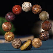 Foviel Chinese Zodiac Rosewood Green Sandalwood Ebony Wood Copper Coin Carved Calm Bracelet