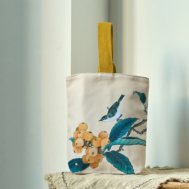 Buddha Stones Loquat Bird Canvas Handbag Handbags BS Loquat and Bird 15*8*22cm
