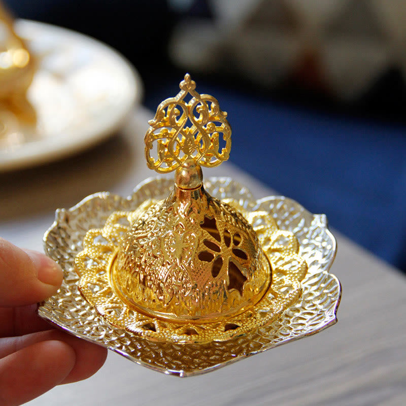 Buddha Stones Gold Leaf Coaster Spiritual Mini Alloy Metal Incense Burner Incense Burner BS 18