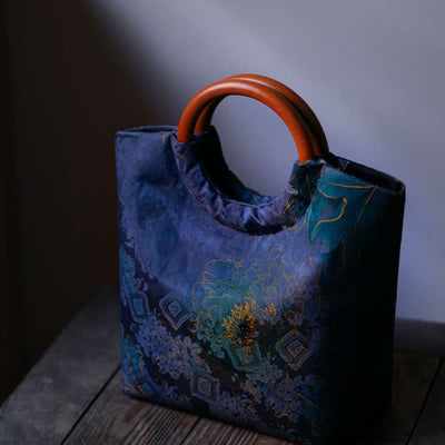 Buddha Stones Peony Flower Bamboo Leaves Bird Solid Wood Handle Handbag Handbags BS 5