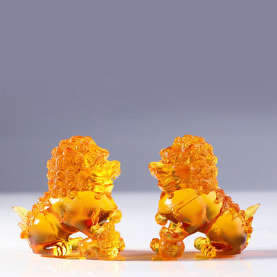 Buddha Stones Handmade Liuli Crystal Lion Art Piece Strength Home Office Decoration Decorations BS A Pair of Gold Lions