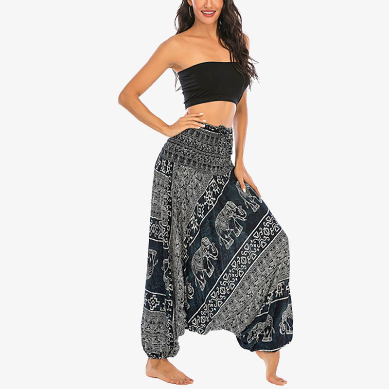 Buddha Stones Two Style Wear Elephant Pattern Loose Smocked Harem Trousers Jumpsuit Women's Yoga Pants Harem Pants&Bodysuit BS 23