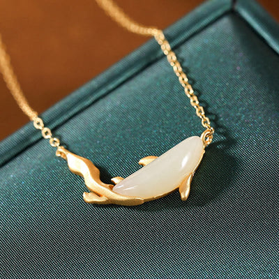 Buddha Stones 925 Sterling Silver White Jade Dolphin Luck Necklace Pendant Necklaces & Pendants BS 5