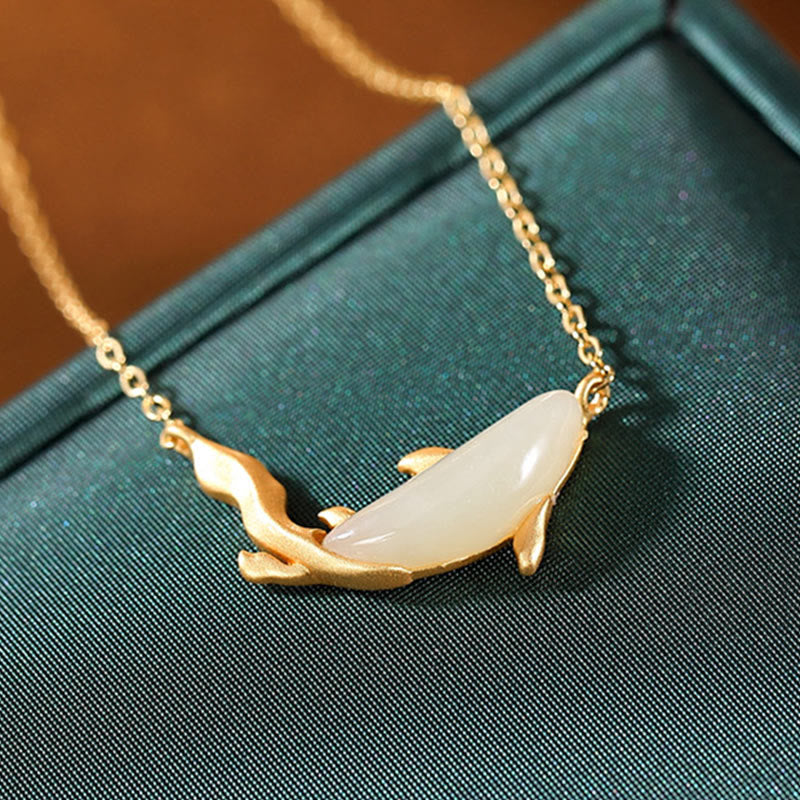 Buddha Stones 925 Sterling Silver White Jade Dolphin Luck Necklace Pendant Necklaces & Pendants BS 5
