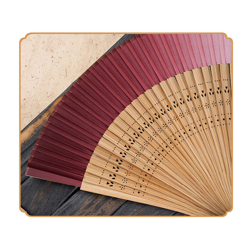 Buddha Stones Solid Color Gradient Hollow Engraved Handheld Bamboo Folding Fan Folding Fan BS 8