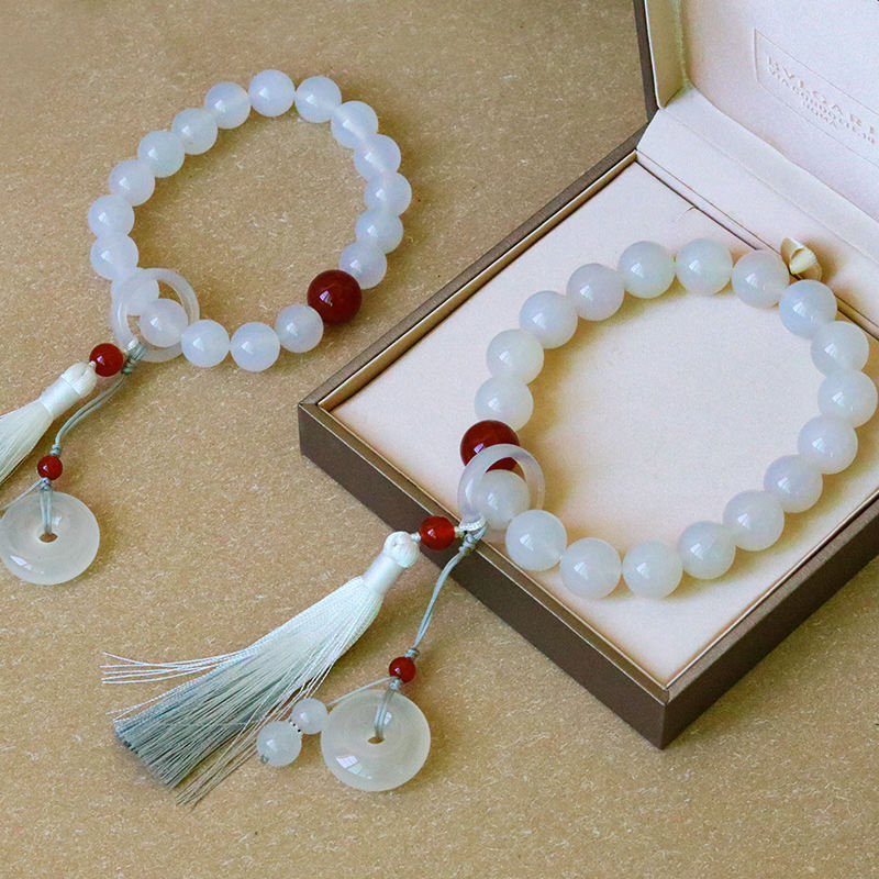 Buddha Stones White Agate Red Agate Luck Wrist Mala Tassels Pocket Mala Car Decoration Wrist Mala&Decorations BS 1