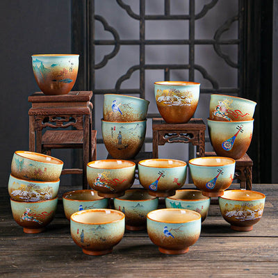 Buddha Stones Colorful Deer Pipa Snow Plum Blossoms Mountains Rivers Bird Ceramic Teacup Kung Fu Tea Cup Bowl Cup BS 33