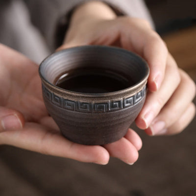 Buddha Stones Simple Brown Striped Texture Ceramic Teacup Kung Fu Tea Cup Bowl Cup BS 9
