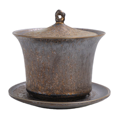 Buddha Stones Retro Rust Glaze Ceramic Gaiwan Sancai Teacup Kung Fu Tea Cup And Saucer With Lid Cup BS 9