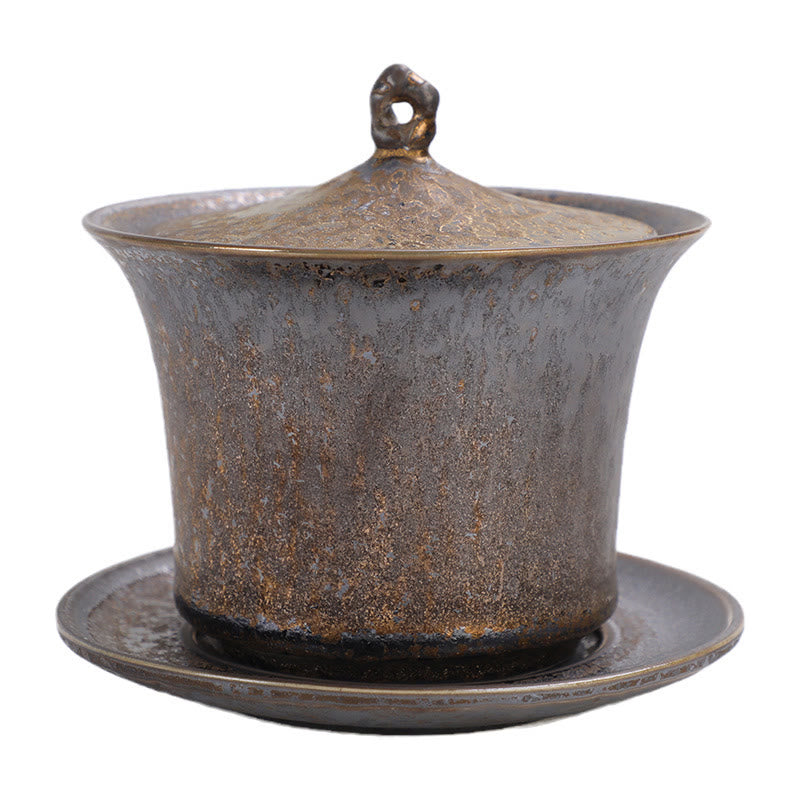 Buddha Stones Retro Rust Glaze Ceramic Gaiwan Sancai Teacup Kung Fu Tea Cup And Saucer With Lid Cup BS 9