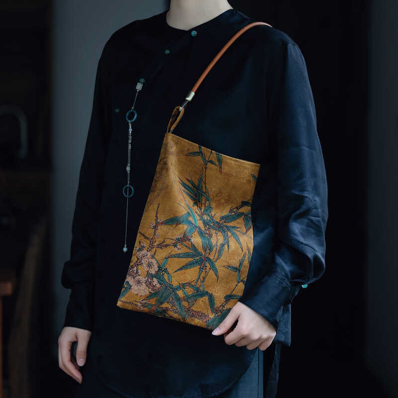 Buddha Stones Bamboo Leaves Flower Butterfly Persimmon Shoulder Bag Handbag Shoulder Bag BS 12