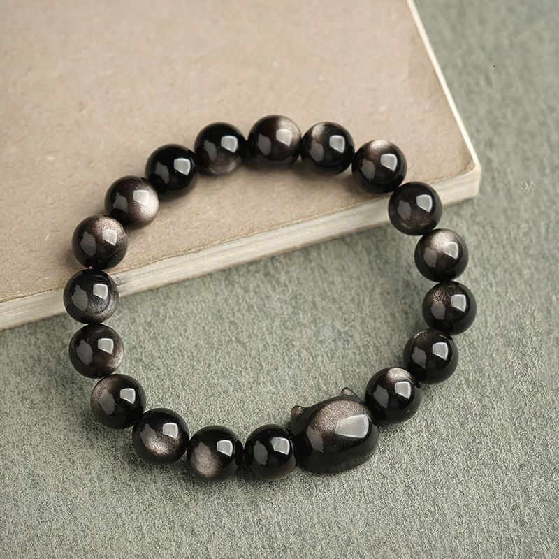 Foviel Gold Sheen Obsidian Silver Sheen Obsidian Lovely Paw Lucky Cat Protection Bracelet
