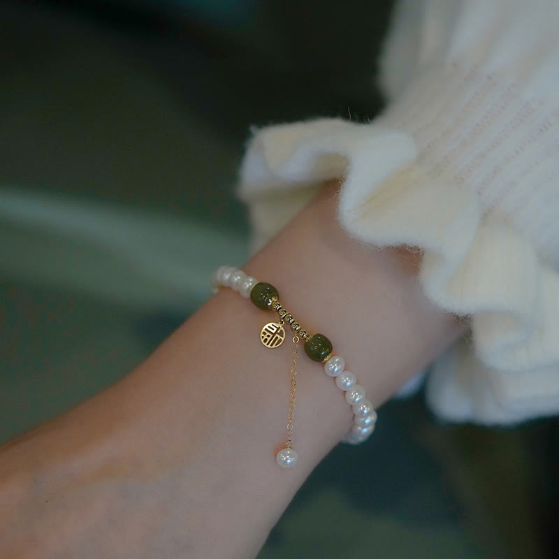 Buddha Stones Natural Pearl Hetian Jade Happiness Wisdom Bead Bracelet Bracelet BS 8