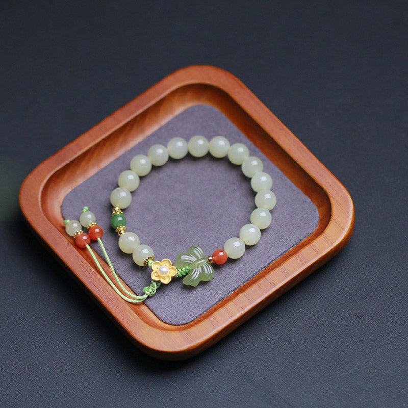 Buddha Stones 925 Sterling Silver Jade Luck Flower Butterfly Bracelet Bracelet BS 11