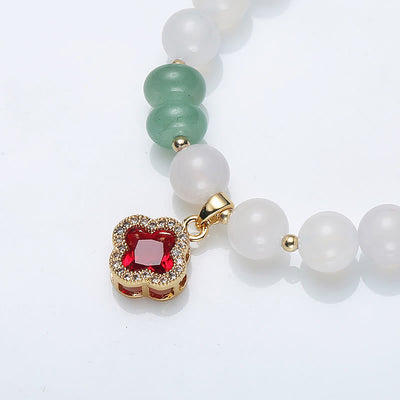 Buddha Stones Natural White Agate Red Agate Money Bag Fu Character Four Leaf Clover Protection Bracelet Bracelet BS 11