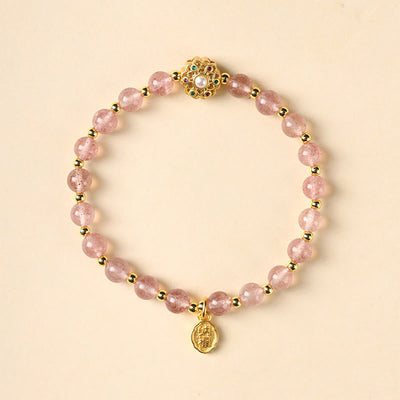 Buddha Stones 14K Gold Plated Natural Strawberry Quartz Labradorite Sun Stone Fu Character Positive Charm Bracelet Bracelet BS 1