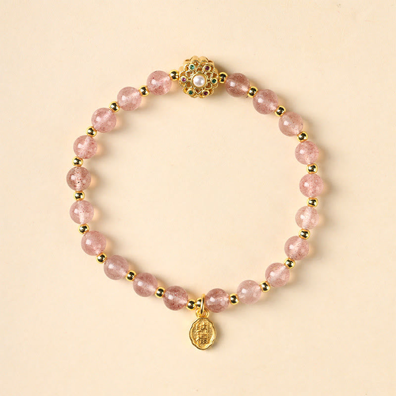 Buddha Stones 14K Gold Plated Natural Strawberry Quartz Labradorite Sun Stone Fu Character Positive Charm Bracelet Bracelet BS 1