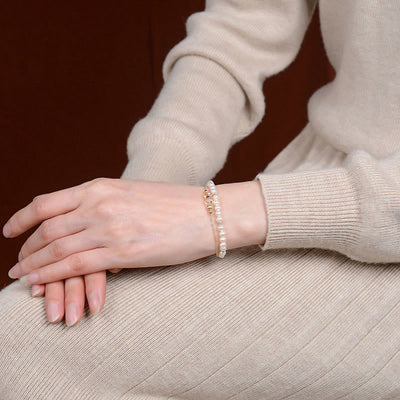 Buddha Stones 925 Sterling Silver 14K Gold Plated Natural Pearl Crystal Healing Double Layer Bracelet Bracelet BS 3