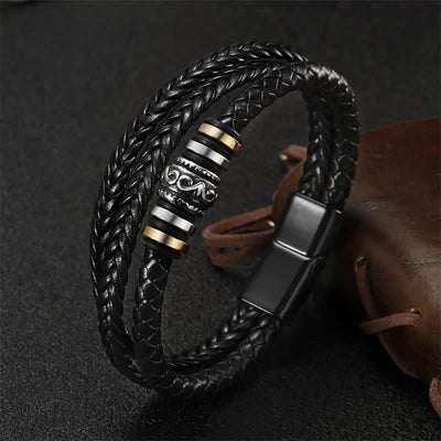 Buddha Stones Leather Layered Titanium Steel Balance Braided Bracelet Bracelet BS 3