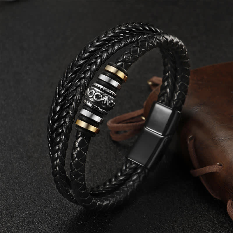 Buddha Stones Leather Layered Titanium Steel Balance Braided Bracelet Bracelet BS 3