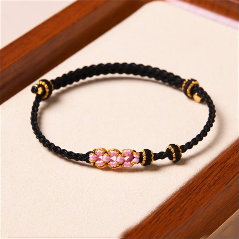 Buddha Stones Handmade Peach Blossom Protection Braided Rope Bracelet Bracelet BS Black(Wrist Circumference 14-16cm)