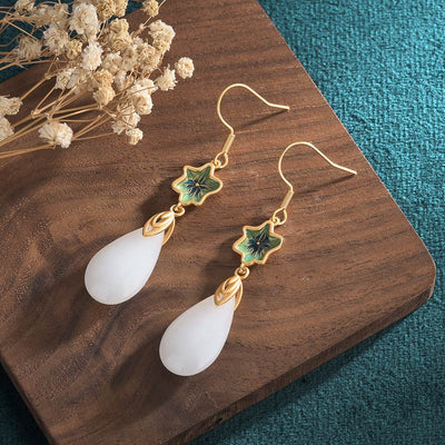 Buddha Stones FengShui White Jade Luck Drop Earrings Earrings BS 13
