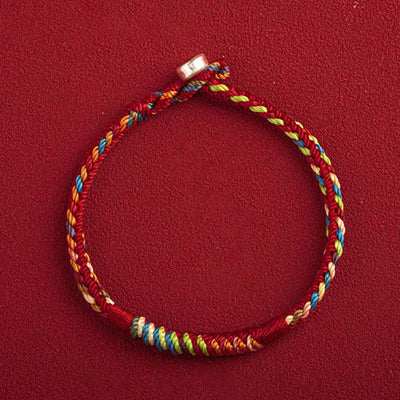 Buddha Stones "May You Be Safe And Lucky In The Year Ahead" Multicolored Bracelet Bracelet BS Red Five Color Thread 19cm 925 Silver Buckle