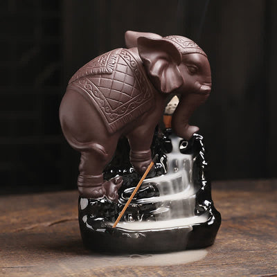 Buddha Stones Tibetan Elephant Purple Clay Backflow Smoke Fountain Peace Healing Incense Burner Decoration Incense Burner BS 16