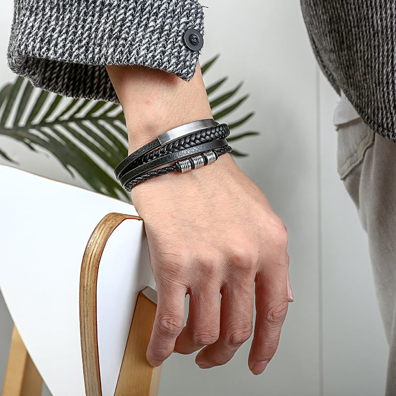 Buddha Stones Leather Multi-Layer Titanium Steel Balance Braided Magnetic Buckle Bracelet Bracelet BS 11