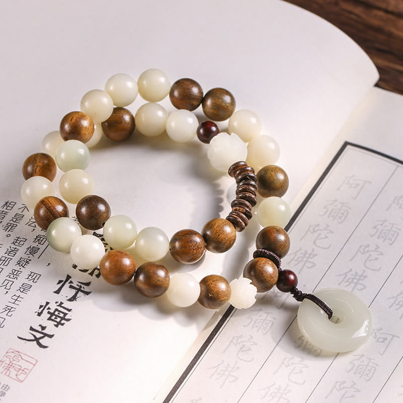 Buddha Stones Bodhi Seed Green Sandalwood Lotus Peace Buckle Harmony Double Wrap Bracelet Bracelet BS 2