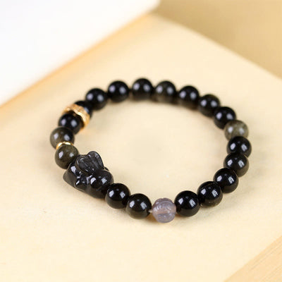 Buddha Stones Gold Sheen Obsidian Black Obsidian Silver Sheen Obsidian Cute Rabbit Protection Bracelet Bracelet BS 1