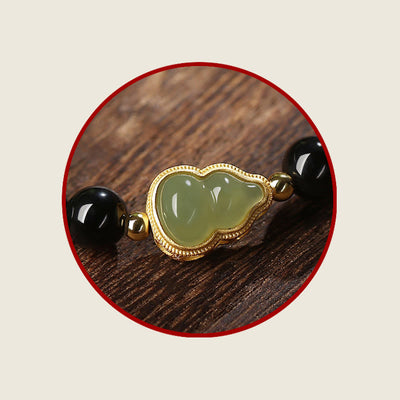 Buddha Stones Natural Black Obsidian Hetian Jade Gourd Double Happiness Strength Bracelet Bracelet BS 13