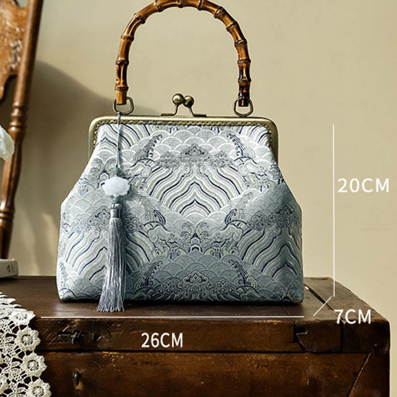 Buddha Stones Silver Lines Bamboo Handle Metal Chain Crossbody Bag Handbags Crossbody Bag&Handbags BS 3