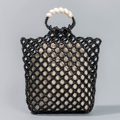 Buddha Stones Hand-woven Fishing Line Braiding Mesh Hollow Wooden Beads Handbag Handbags BS Black 30*10*27cm