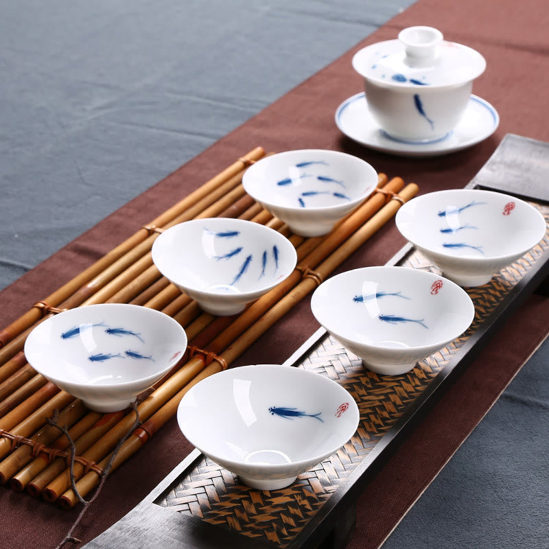 Buddha Stones Jingdezhen Blue and White Porcelain Koi Fish Ceramic Teacup Kung Fu Tea Cups Cup BS main