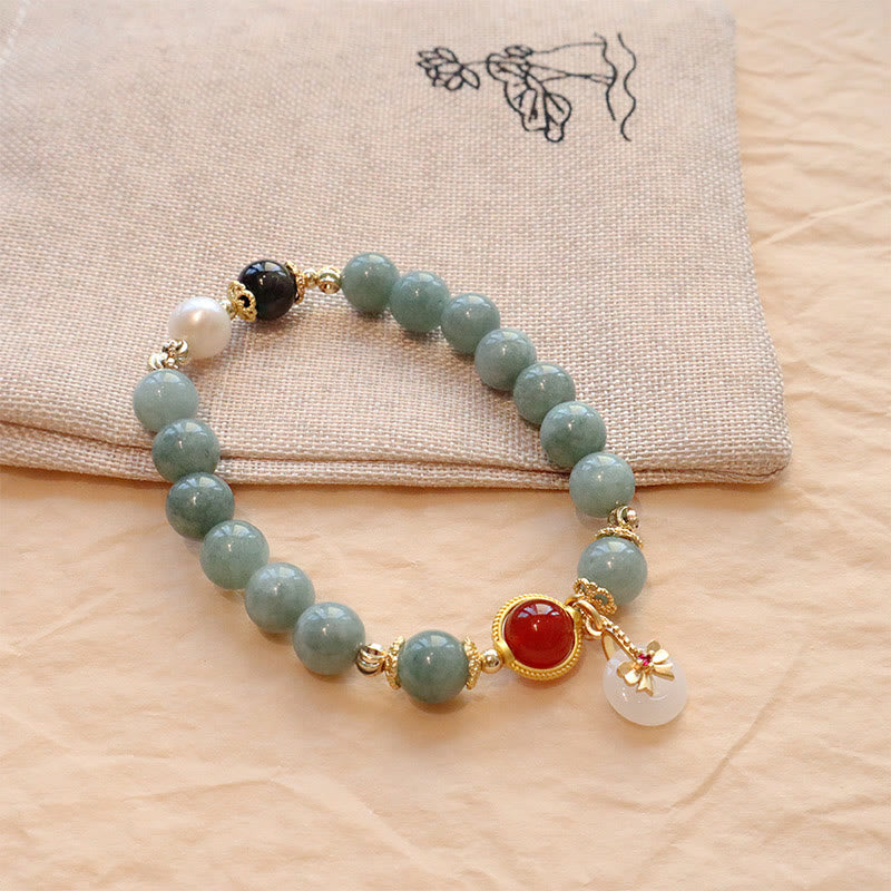 Buddha Stones Natural Jade Red Agate Pearl Bow Tie Luck Bracelet Bracelet BS Jade Beads Bow Tie Bracelet(Wrist Circumference: 14-16cm)