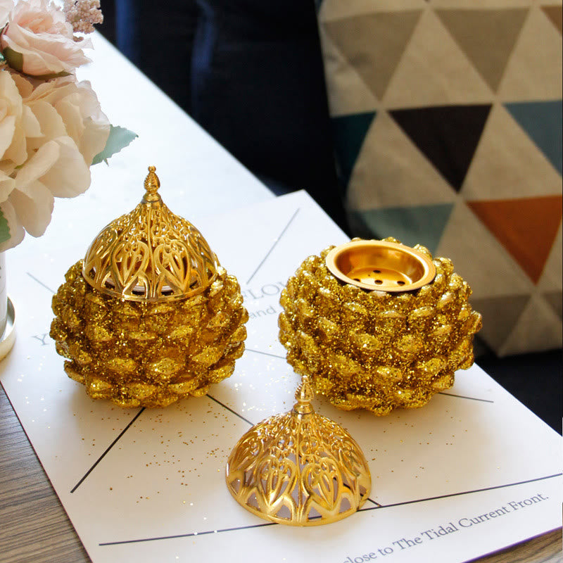 Buddha Stones Gold Pine Cone Pattern Spiritual Rituals Mini Incense Burner Home Tabletop Decor Incense Burner BS 17